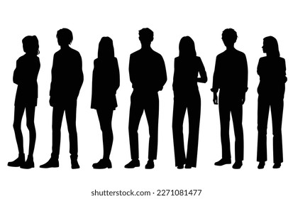 Vector silhouettes of  men and a women, a group of standing  business people, black color isolated on white background - Shutterstock ID 2271081477