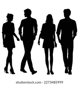 Vector silhouettes of  men and a women, a group of walking  business people, profile, black color isolated on white background