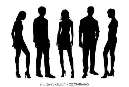 Vector silhouettes of  men and a women, a group of standing  business people, black color isolated on white background