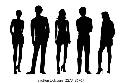 Vector silhouettes of  men and a women, a group of standing  business people, black color isolated on white background