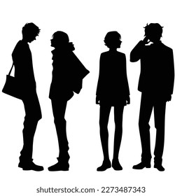 Vector silhouettes of  men and a women, a group of standing  business people, couple, black color isolated on white background