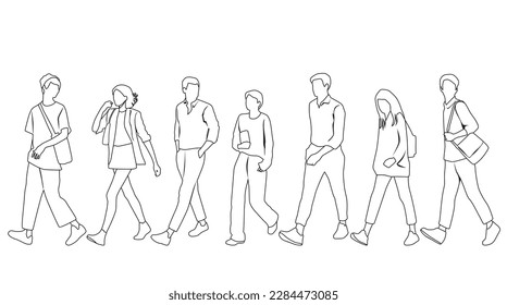 Silhouettes vectoriales de hombres y mujeres, un grupo de gente de negocios que camina, estudiantes, sketch lineales, color negro y blanco aislado en fondo blanco