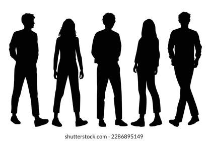 Vector silhouettes of  men and a women, a group of walking  business people, profile, black color isolated on white background