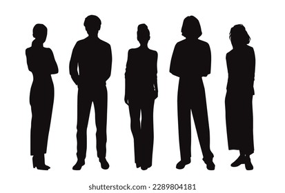 Vector silhouettes of  men and a women, a group of standing  business people, black color isolated on white background