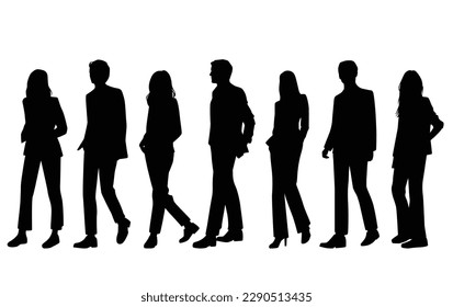 Vector silhouettes of  men and a women, a group of standing  business people, black color isolated on white background