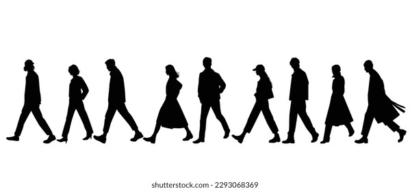 Vector silhouettes of  men and a women, a group of walking  business people, profile, black color isolated on white background