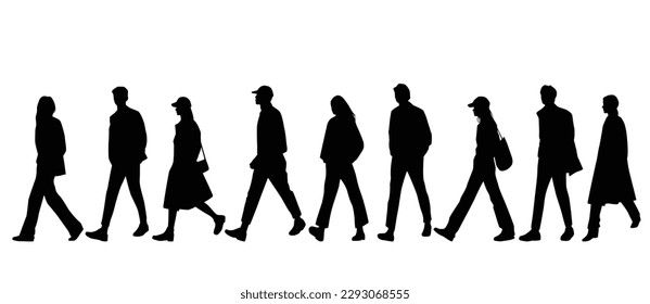 Siluetas vectoriales de hombres y mujeres, un grupo de gente de negocios caminando, perfil, color negro aislado en fondo blanco