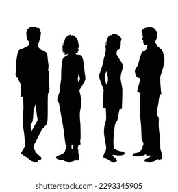 Vector silhouettes of  men and a women, a group of standing  business people, couple, black color isolated on white background