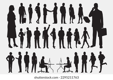 Vector silhouettes of men and a women, a group of standing business people, black color isolated on white background