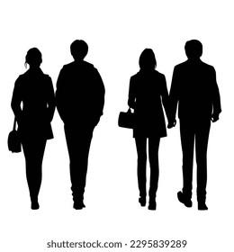 Vector silhouettes of  men and a women, a group of  walking business people, couple, black color isolated on white background