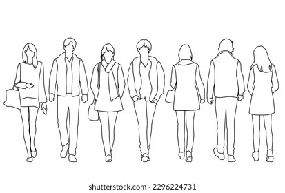 Vector silhouettes of  men and a women, a group of standing  business people,  linear sketch, black and white color isolated on white background