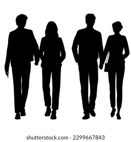 Vector silhouettes of  men and a women, a group of standing   business people, profile, black  color isolated on white background