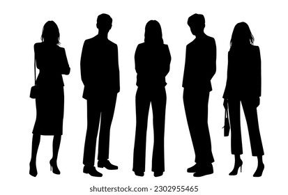 Vector silhouettes of  men and a women, a group of standing   business people, profile, black  color isolated on white background