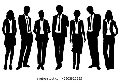 Siluetas vectoriales de hombres y mujeres, un grupo de pie   gente de negocios, perfil, color negro aislado en fondo blanco