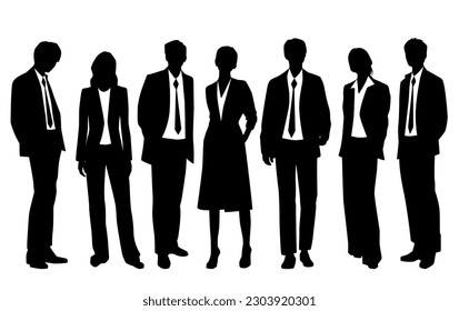 Vector silhouettes of  men and a women, a group of standing   business people, profile, black  color isolated on white background