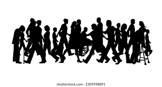 Vector silhouettes of men and a women, a group of standing and walking business people, black color isolated on white background