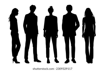 Vector silhouettes of  men and a women, a group of standing   business people, profile, black  color isolated on white background