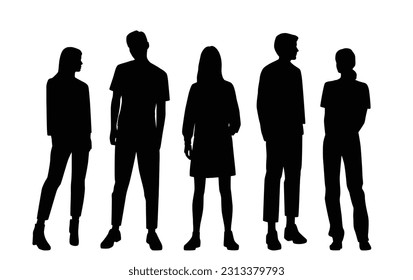 Vector silhouettes of  men and a women, a group of standing  business people, profile, black color isolated on white background