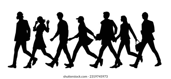 Vector silhouettes of  men and a women, a group of walking  business people, profile, black color isolated on white background