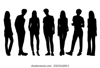 Siluetas vectoriales de hombres y mujeres, un grupo de pie   gente de negocios, perfil, color negro aislado en fondo blanco