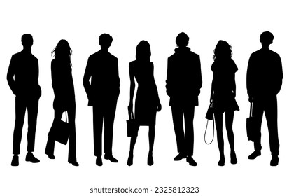 Vector silhouettes of  men and a women, a group of standing   business people, with a bag, profile, black  color isolated on white background