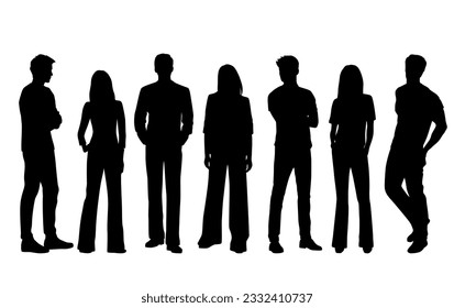 Vector silhouettes of  men and a women, a group of standing   business people, profile, black  color isolated on white background