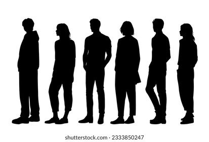 Vector silhouettes of  men and a women, a group of standing   business people, profile, black  color isolated on white background