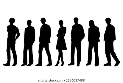 Siluetas vectoriales de hombres y mujeres, un grupo de pie   gente de negocios, perfil, color negro aislado en fondo blanco