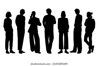 Vector silhouettes of  men and a women, a group of standing   business people, profile, black  color isolated on white background