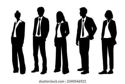 Siluetas vectoriales de hombres y mujeres, un grupo de pie   gente de negocios, perfil, color negro aislado en fondo blanco