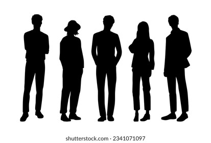 Vector silhouettes of  men and a women, a group of standing   business people, profile, black  color isolated on white background