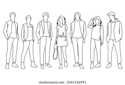 Silhouettes vectoriales de hombres y mujeres, un grupo de hombres de negocios de pie, sketch lineales, color negro y blanco aislado en fondo blanco