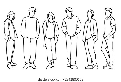 Vector silhouettes of  men and a women, a group of standing  business people,  linear sketch, black and white color isolated on white background