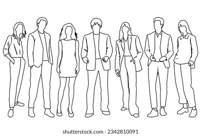 Silhouettes vectoriales de hombres y mujeres, un grupo de hombres de negocios de pie, sketch lineales, color negro y blanco aislado en fondo blanco