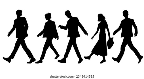 Vector silhouettes of  men and a women, a group of running   business people, profile, black  color isolated on white background