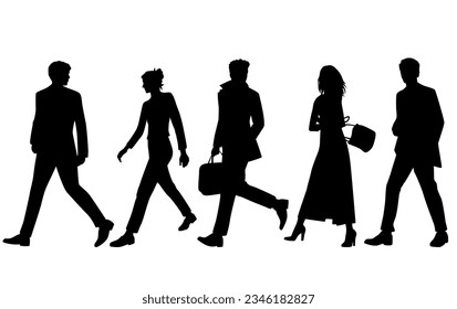 Vector silhouettes of  men and a women, a group of running   business people, profile, black  color isolated on white background