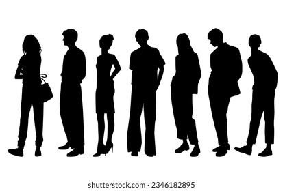 Vector silhouettes of  men and a women, a group of standing   business people, profile, black  color isolated on white background