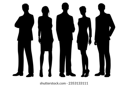 Vector silhouettes of  men and a women, a group of standing   business people, profile, black  color isolated on white background