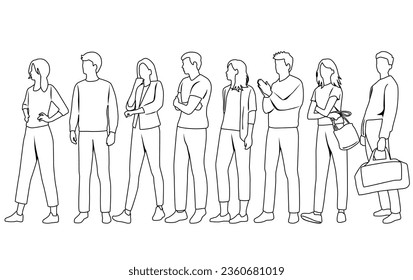 Vector silhouettes of  men and a women, a group of standing  business people,  linear sketch, black and white color isolated on white background