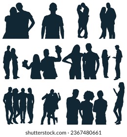 Vector silhouettes of men and a women, a group of standing and walking business people, black color isolated on white background, Man and woman silhouette face to face