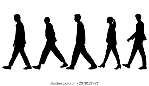 Vector silhouettes of  men and a women, a group of walking   business people, profile, black  color isolated on white background