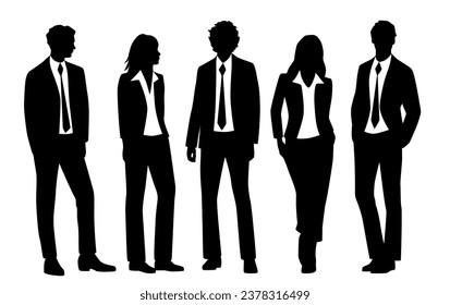 Vector silhouettes of  men and a women, a group of standing   business people, profile, black  color isolated on white background