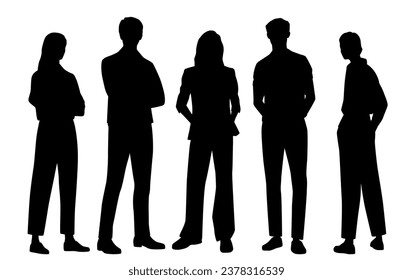 Vector silhouettes of  men and a women, a group of standing   business people, profile, black  color isolated on white background