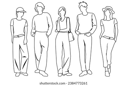 Vector silhouettes of  men and a women, a group of standing  business people, linear sketch, black and white color isolated on white background