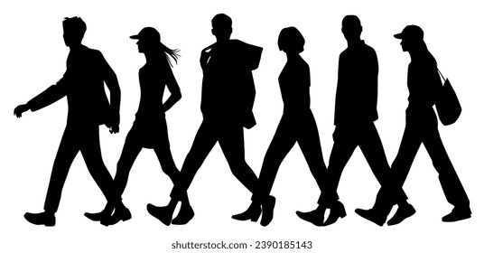 Vector silhouettes of  men and a women, a group of walking   business people, profile, black color isolated on white background