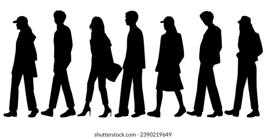 Vector silhouettes of  men and a women, a group of walking   business people, profile, black color isolated on white background
