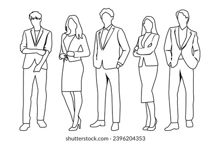 Silhouettes vectoriales de hombres y mujeres, un grupo de hombres de negocios de pie, sketch lineales, color negro y blanco aislado en fondo blanco