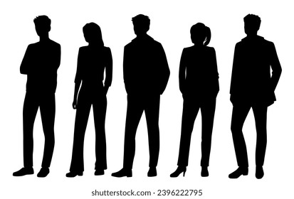 Vector silhouettes of  men and a women, a group of standing   business people, profile, black  color isolated on white background