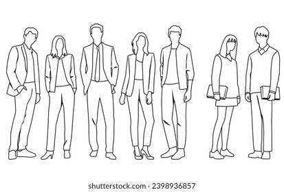 Vector silhouettes of  men and a women, a group of standing  business people,  linear sketch, black and white color isolated on white background