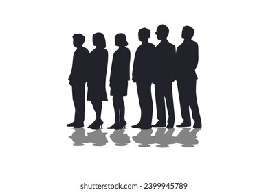 Vector silhouettes of men and women, group of business people standing straight, black color isolated on white background